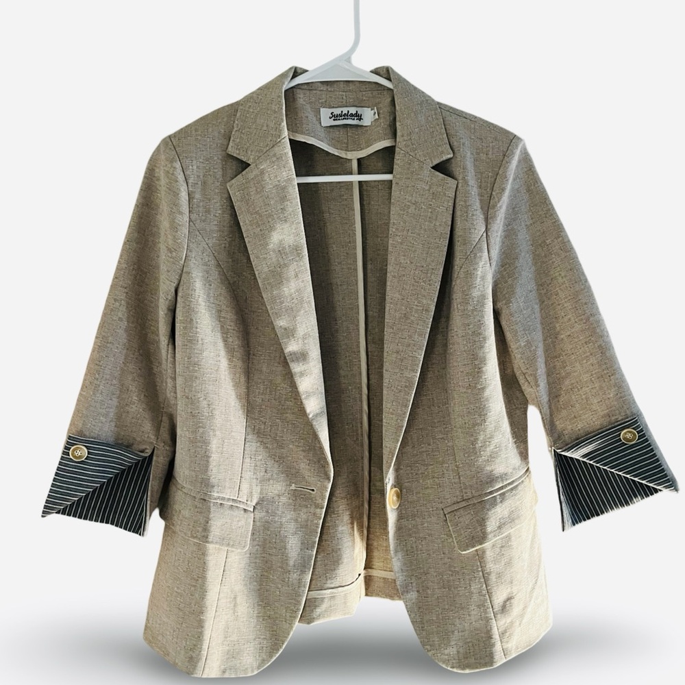 Tan Blazer with Striped Cuffs